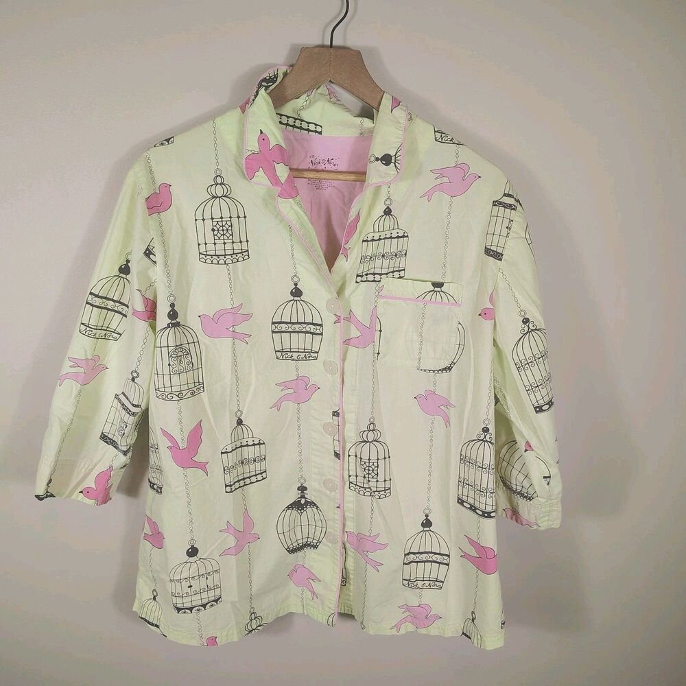 Nick & Nora Women's XL Green Pink Pajamas Birdcage Birds - Picture 2 of 9